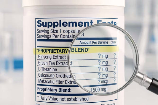Proprietary blend section on a supplement label with undisclosed ingredient amounts.